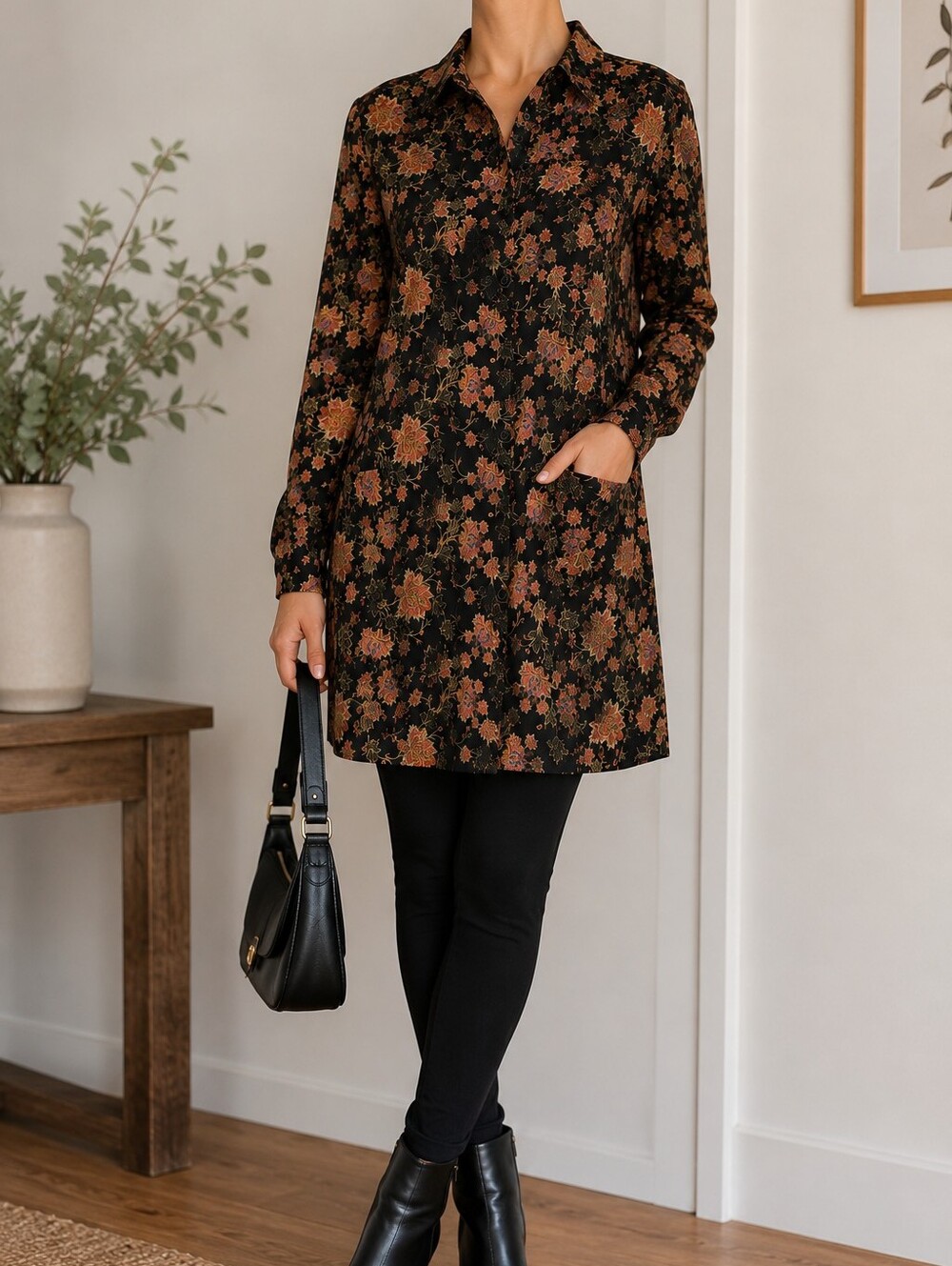 JOELLE Floral Button Front Tunic Dress Shirt Small